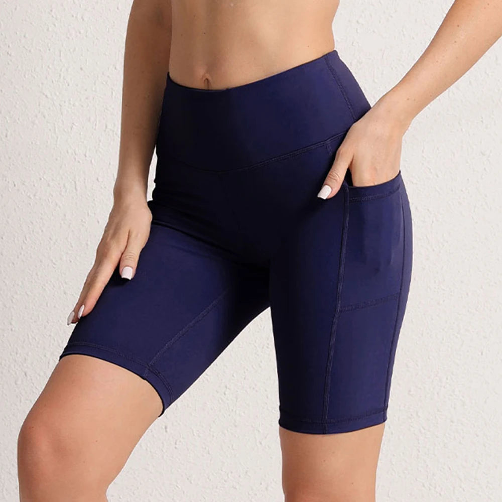 Women Yoga Shorts with 3 Pockets Seamless Gym Fitness Tights Elastic Cycling Shorts Female Solid Color Leggings