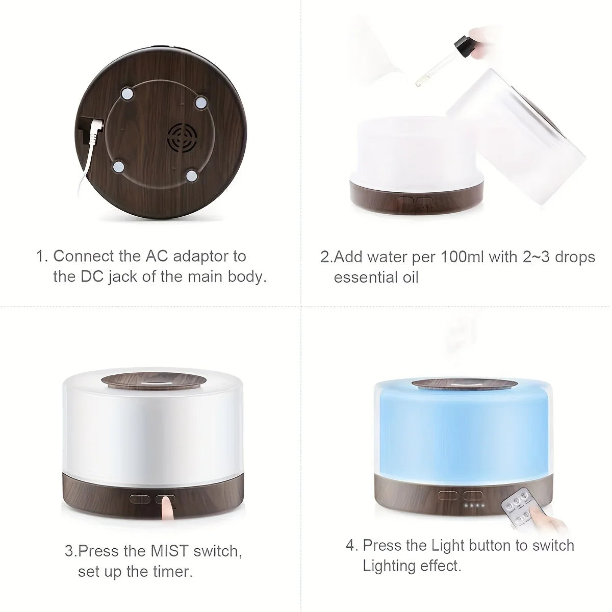 Diffuser For Home 500ml Aromatherapy Essential Oil Diffuser Wood Grain Remote Control Ultrasonic Air Humidifier Cool 7 Color LED