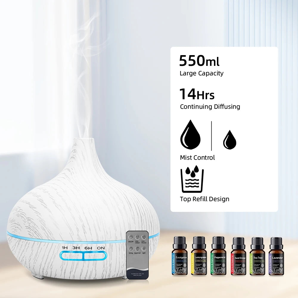 Diffuser For Home 550ml Wood Grain Essential Oil Diffuser Ultrasonic Aromatherapy Humidifier with Remote 6 Essential Oils Auto