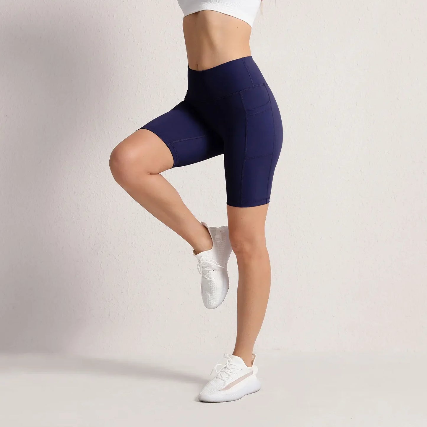 Women Yoga Shorts with 3 Pockets Seamless Gym Fitness Tights Elastic Cycling Shorts Female Solid Color Leggings