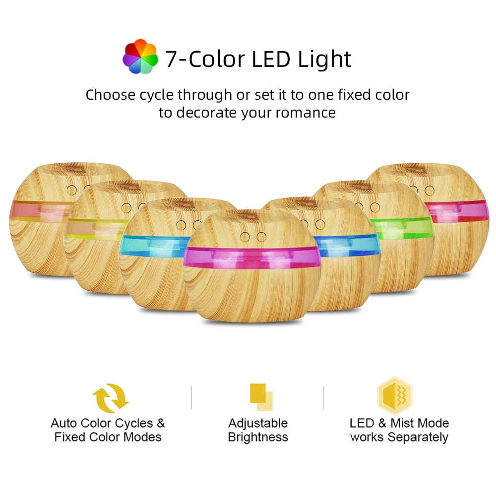 300ml USB Wood Grain Air Humidifier & Aroma Diffuser with 2 Essential Oils, 7 Color LED Lights, Ultra Quiet, Auto Shut-Off, Esse