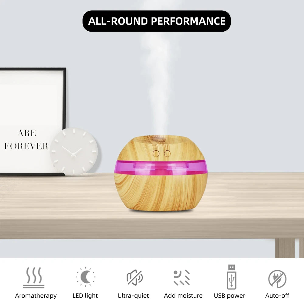 300ml USB Wood Grain Air Humidifier & Aroma Diffuser with 2 Essential Oils, 7 Color LED Lights, Ultra Quiet, Auto Shut-Off, Esse