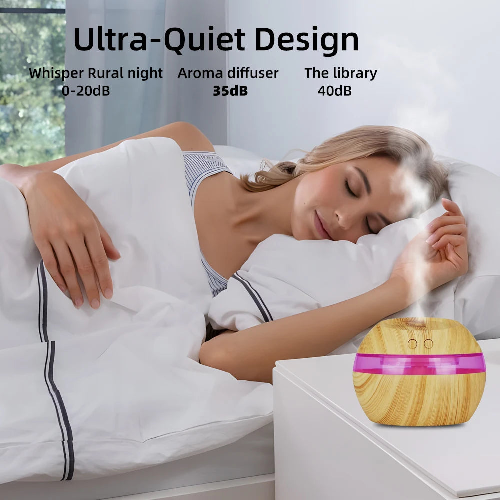 300ml USB Wood Grain Air Humidifier & Aroma Diffuser with 2 Essential Oils, 7 Color LED Lights, Ultra Quiet, Auto Shut-Off, Esse