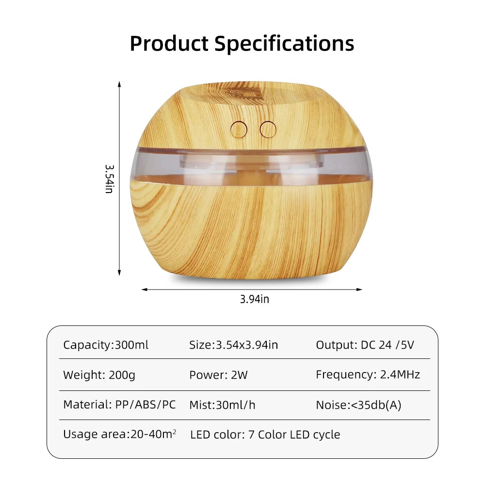 300ml USB Wood Grain Air Humidifier & Aroma Diffuser with 2 Essential Oils, 7 Color LED Lights, Ultra Quiet, Auto Shut-Off, Esse