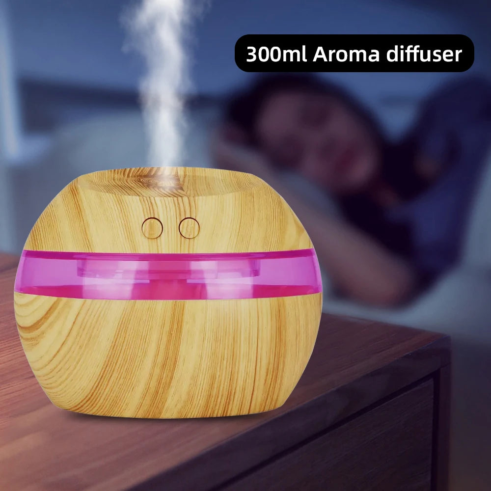 300ml USB Wood Grain Air Humidifier & Aroma Diffuser with 2 Essential Oils, 7 Color LED Lights, Ultra Quiet, Auto Shut-Off, Esse