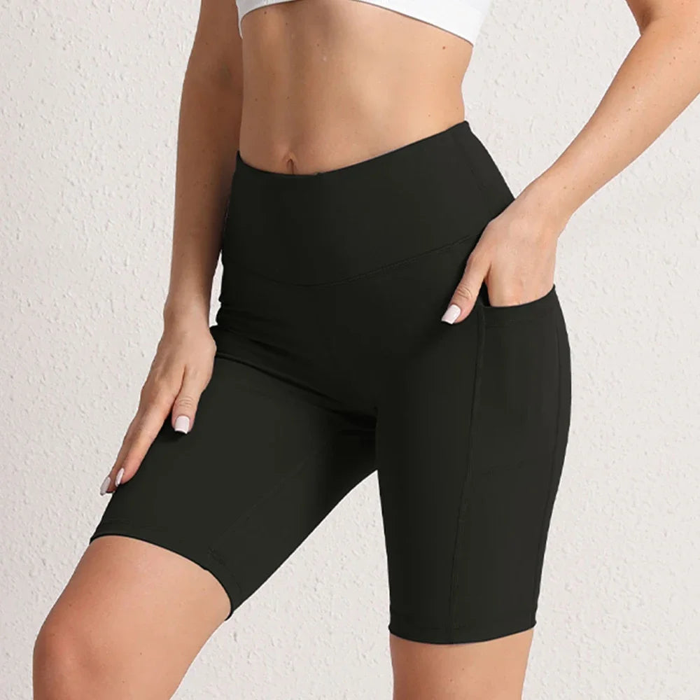 Women Yoga Shorts with 3 Pockets Seamless Gym Fitness Tights Elastic Cycling Shorts Female Solid Color Leggings