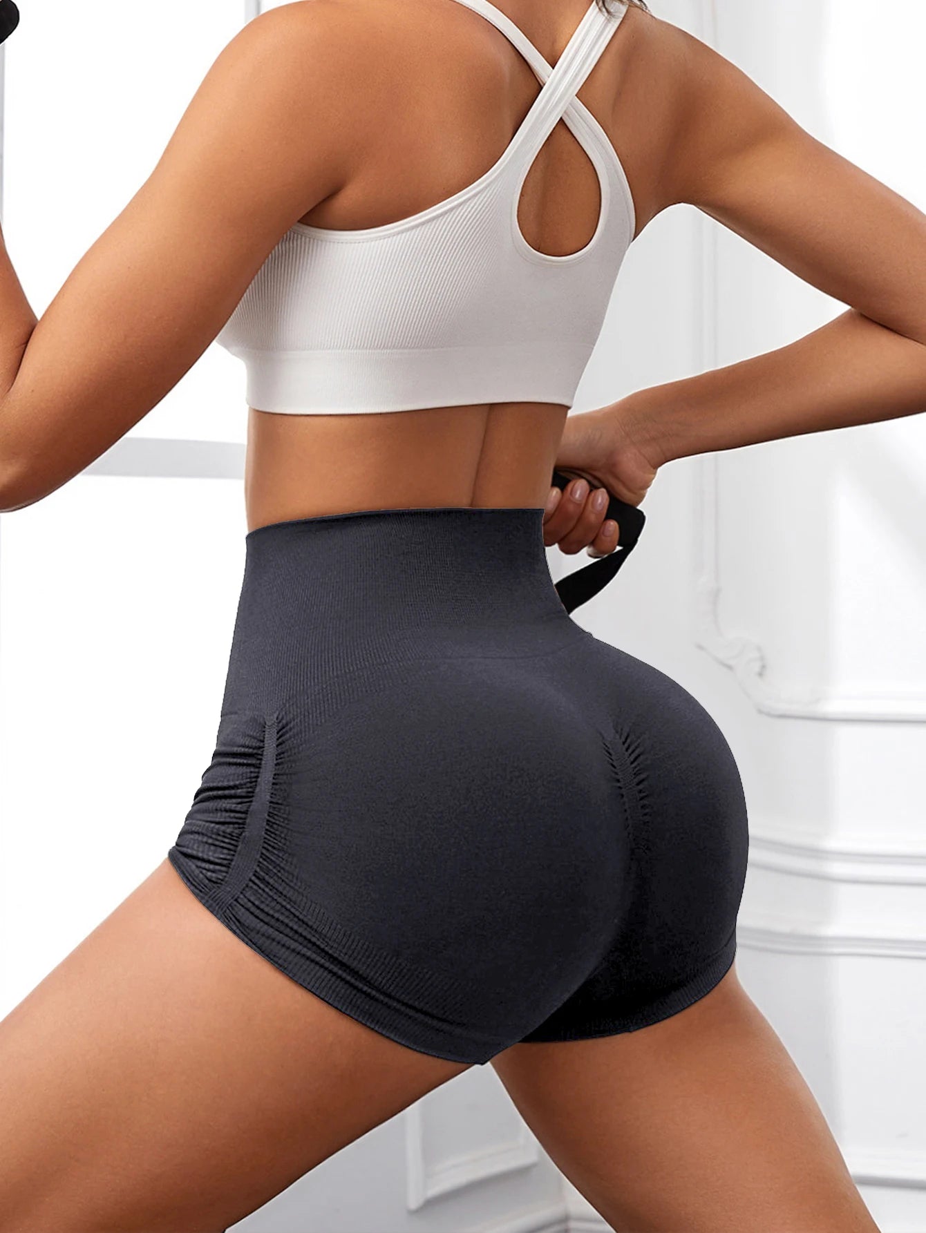 Us Local Women's High Waist Casual Sports Shorts, Seamless Skinny Slim Fit Solid Color High Waist Shorts