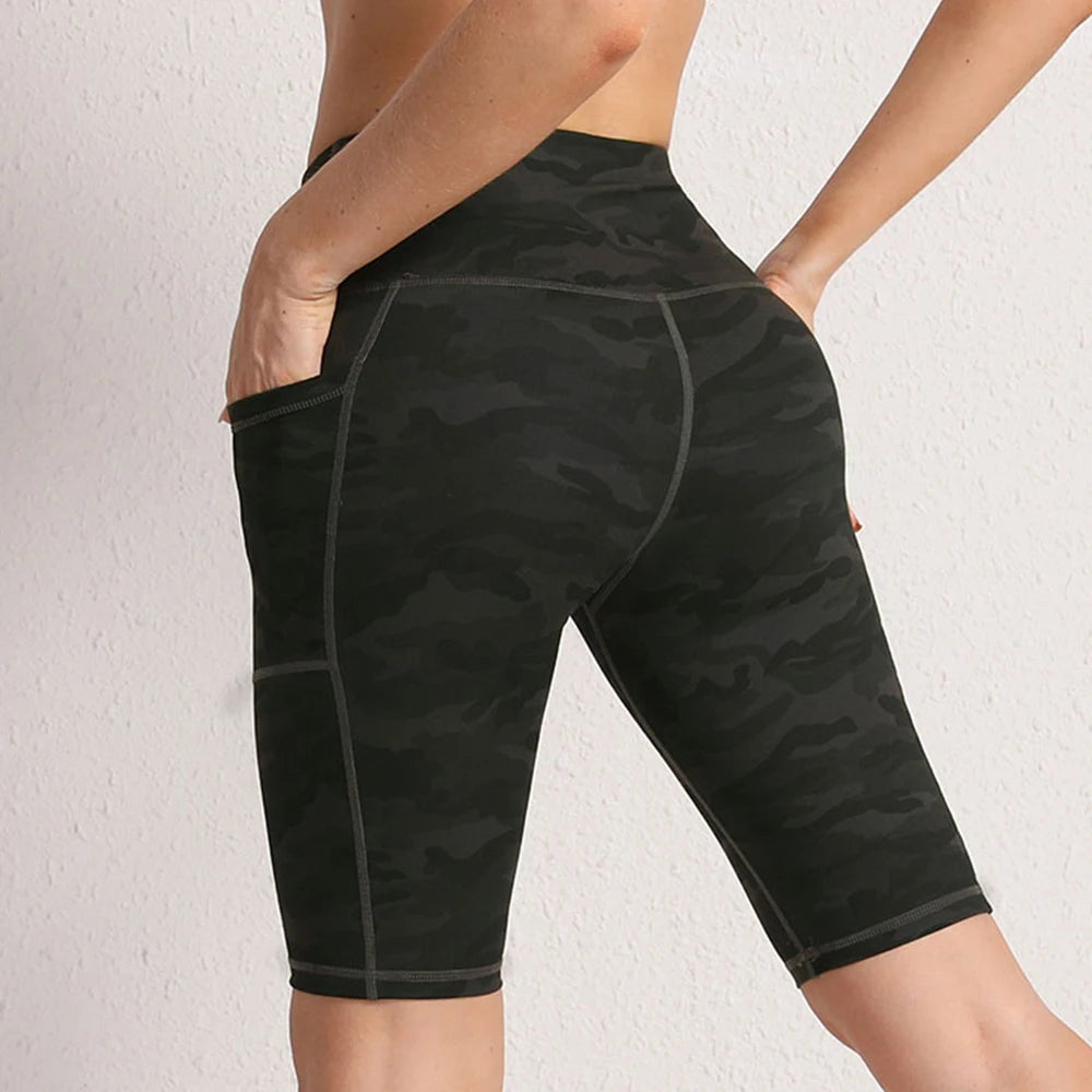 Women Yoga Shorts with 3 Pockets Seamless Gym Fitness Tights Elastic Cycling Shorts Female Solid Color Leggings