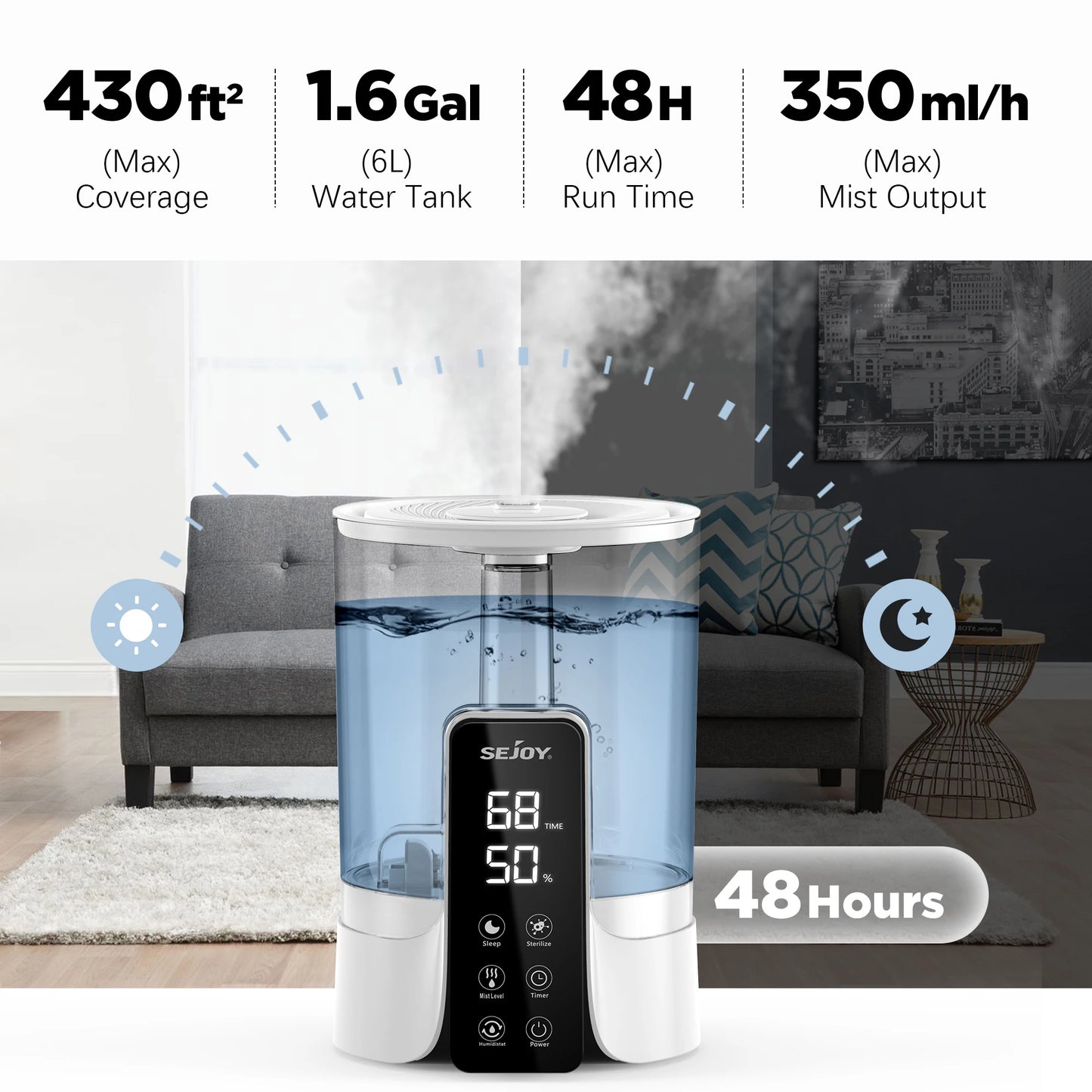 SEJOY 6L Air Humidifier Professional Large Capacity Home Humidifier Plant Mist Aroma Diffuser with Remote Control Timer
