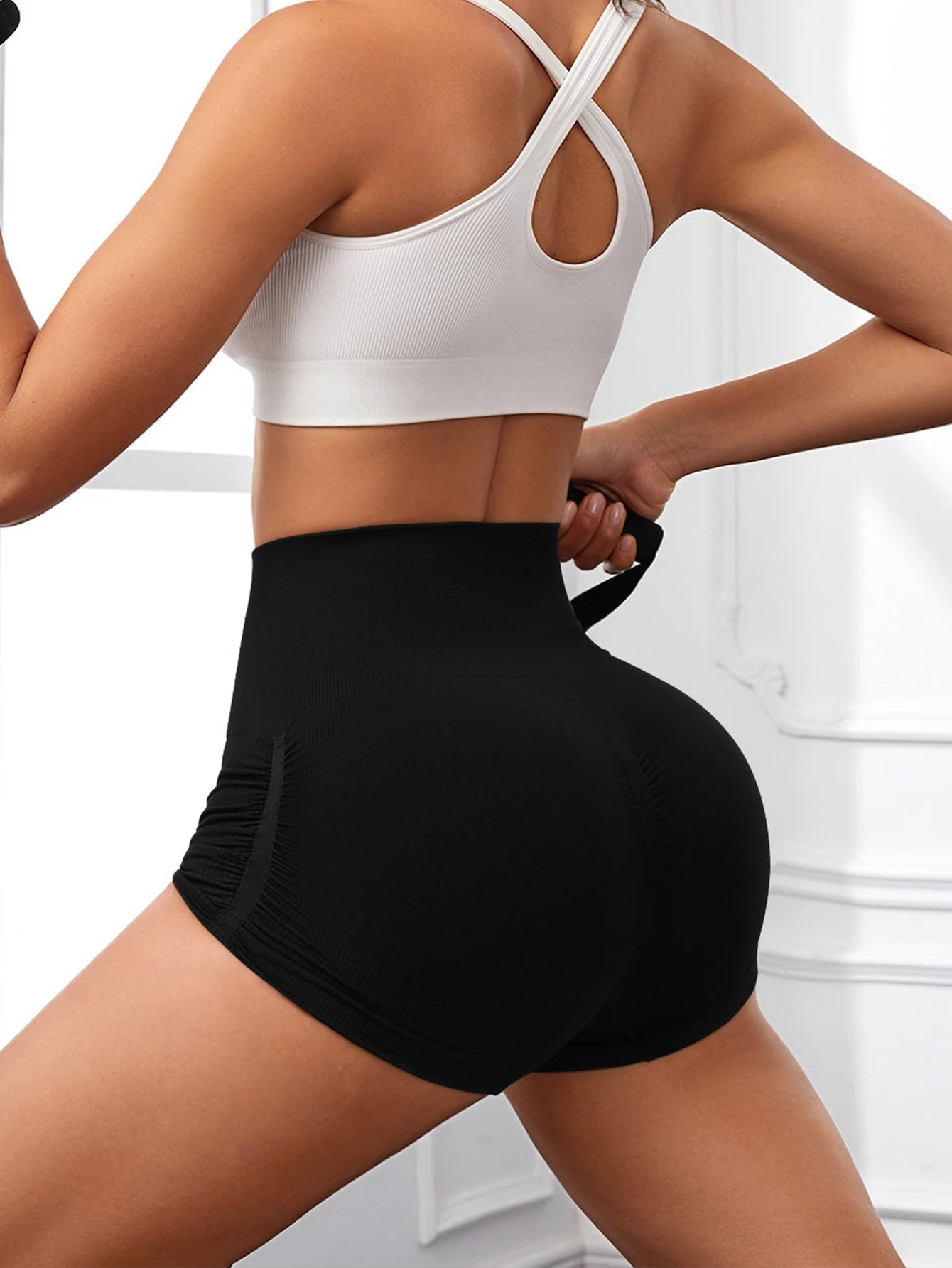Us Local Women's High Waist Casual Sports Shorts, Seamless Skinny Slim Fit Solid Color High Waist Shorts