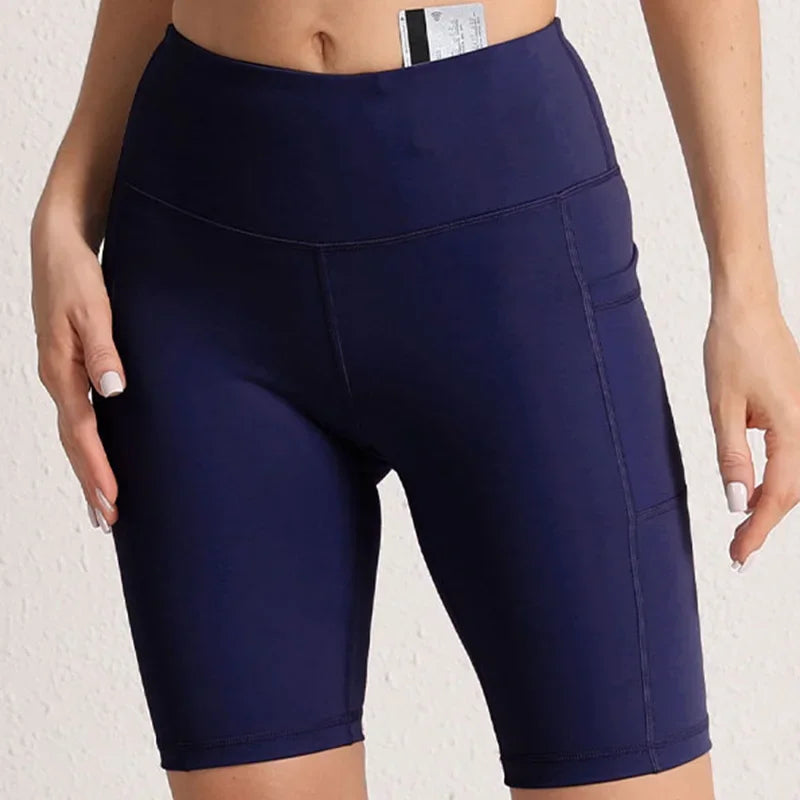 Women Yoga Shorts with 3 Pockets Seamless Gym Fitness Tights Elastic Cycling Shorts Female Solid Color Leggings