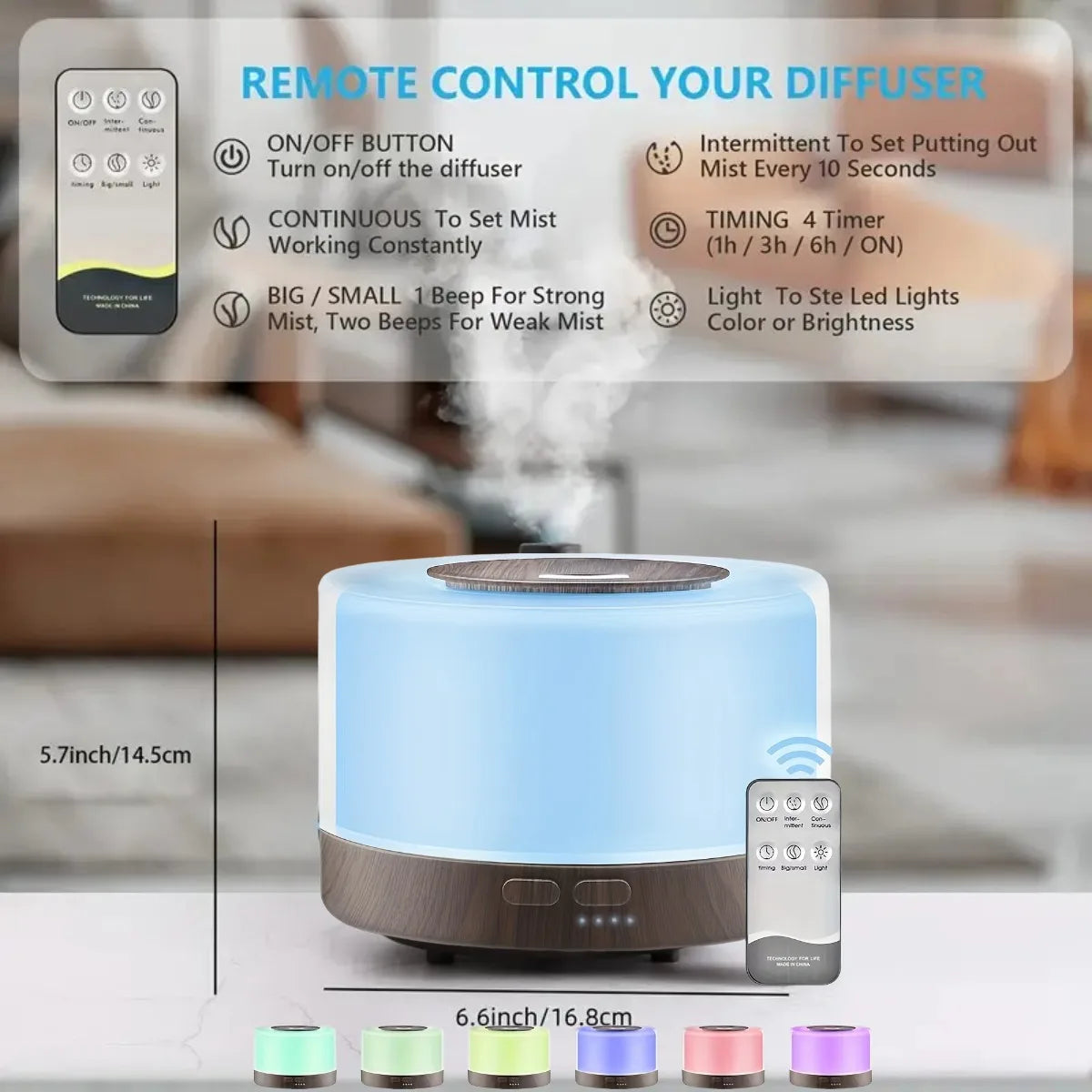 Diffuser For Home 500ml Aromatherapy Essential Oil Diffuser Wood Grain Remote Control Ultrasonic Air Humidifier Cool 7 Color LED