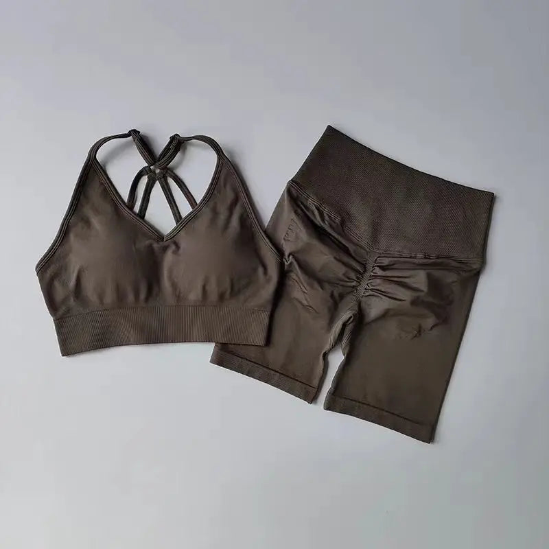 2 Pcs Yoga Sets Women High Waist Workout Outfits Gym Wear Gym Clothing Sports Suits Fitness Tracksuit Sportswear Shorts Suit