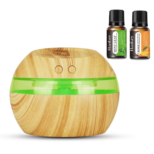 300ml USB Wood Grain Air Humidifier & Aroma Diffuser with 2 Essential Oils, 7 Color LED Lights, Ultra Quiet, Auto Shut-Off, Esse