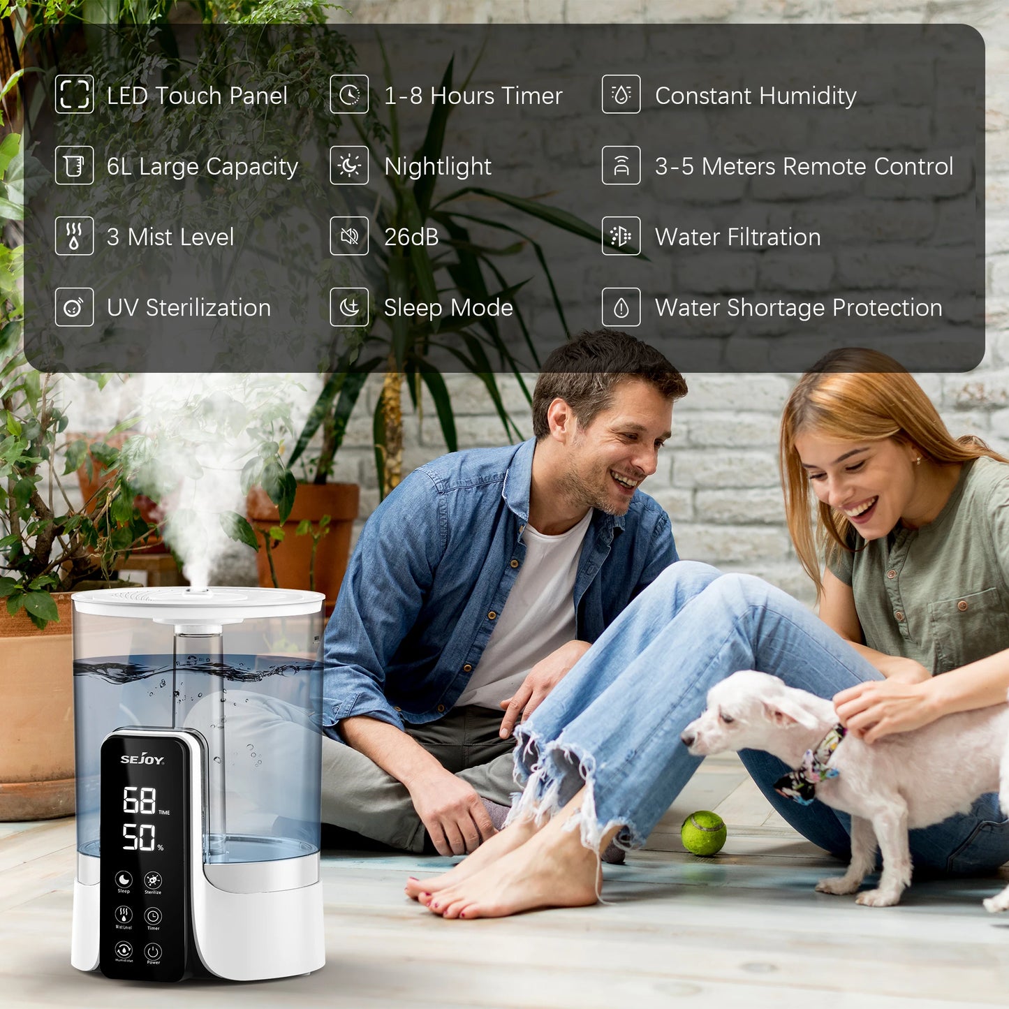 SEJOY 6L Air Humidifier Professional Large Capacity Home Humidifier Plant Mist Aroma Diffuser with Remote Control Timer