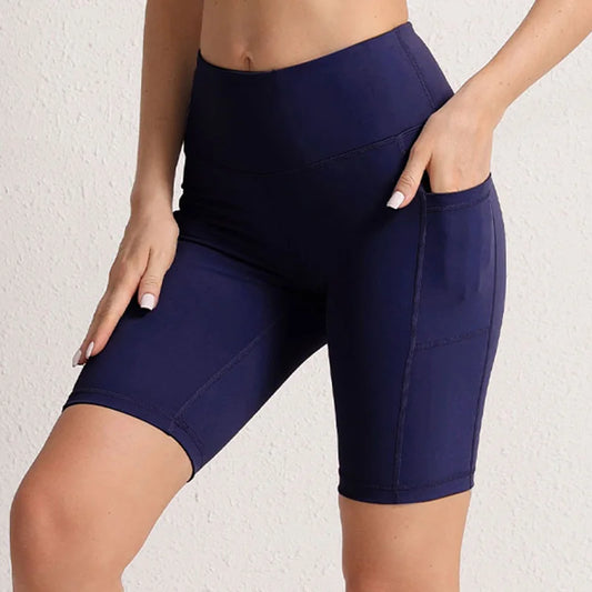 Women Yoga Shorts with 3 Pockets Seamless Gym Fitness Tights Elastic Cycling Shorts Female Solid Color Leggings